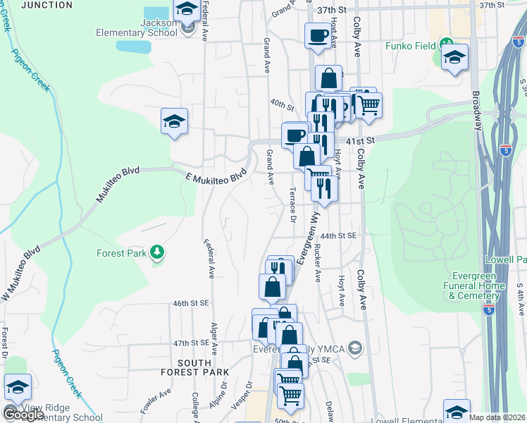 map of restaurants, bars, coffee shops, grocery stores, and more near 1105 Sumner Lane in Everett