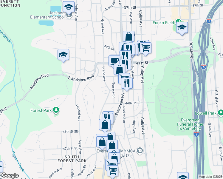 map of restaurants, bars, coffee shops, grocery stores, and more near 4220 Terrace Drive in Everett