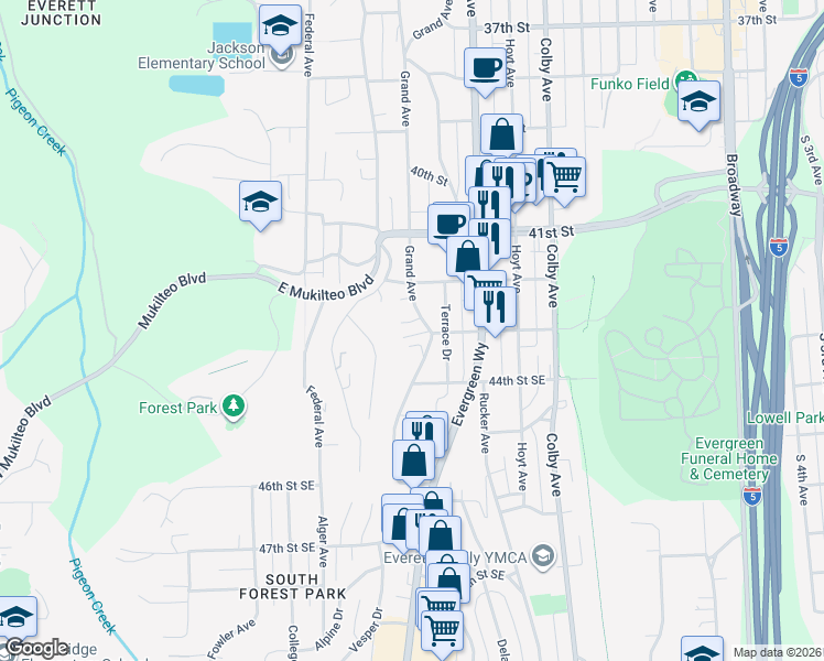 map of restaurants, bars, coffee shops, grocery stores, and more near 1105 Sumner Lane in Everett
