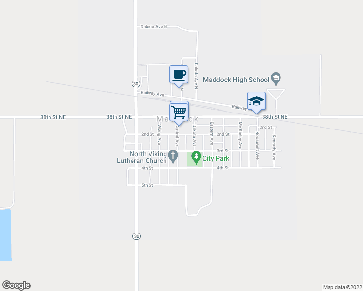 map of restaurants, bars, coffee shops, grocery stores, and more near 205 Central Avenue in Maddock