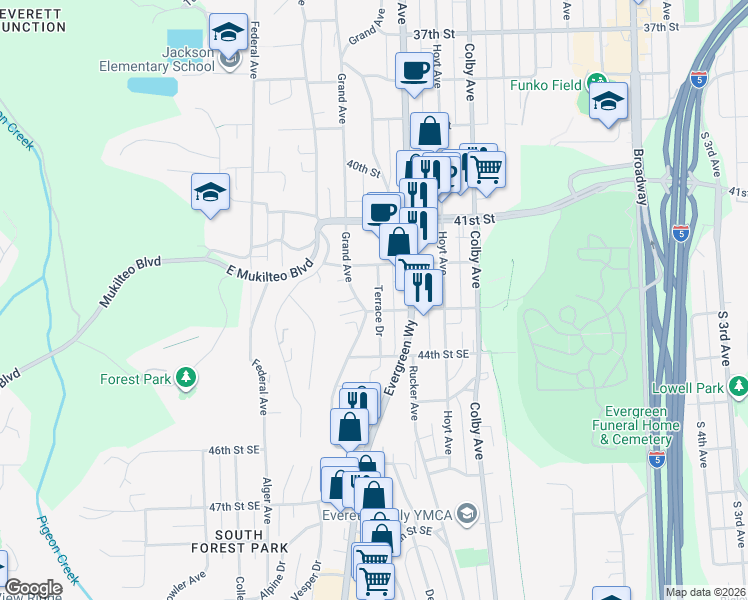 map of restaurants, bars, coffee shops, grocery stores, and more near 4220 Terrace Drive in Everett