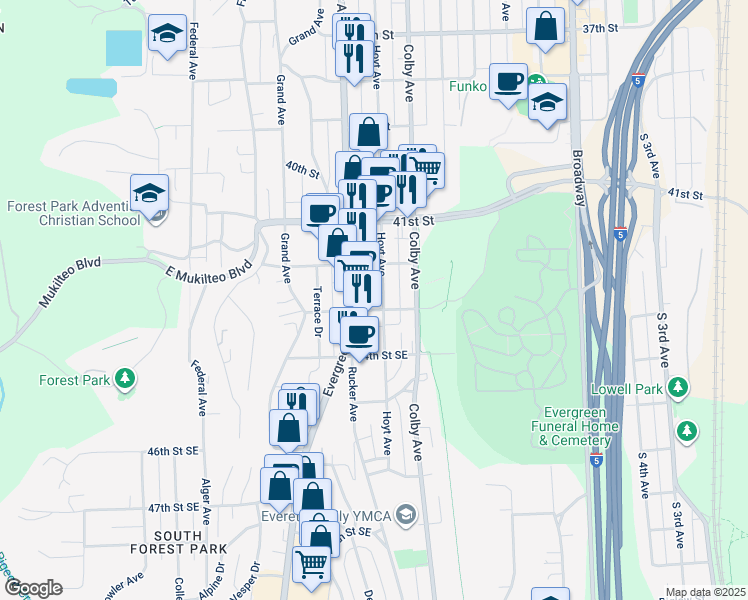 map of restaurants, bars, coffee shops, grocery stores, and more near 4230 Hoyt Avenue in Everett