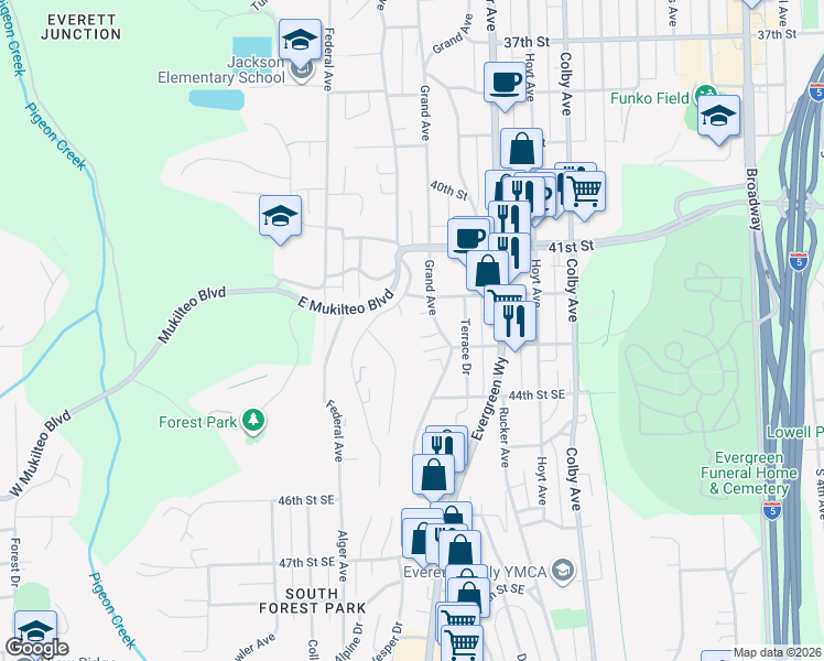 map of restaurants, bars, coffee shops, grocery stores, and more near 1105 Sumner Lane in Everett