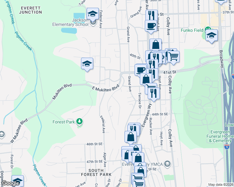 map of restaurants, bars, coffee shops, grocery stores, and more near 4219 Thomson Avenue in Everett