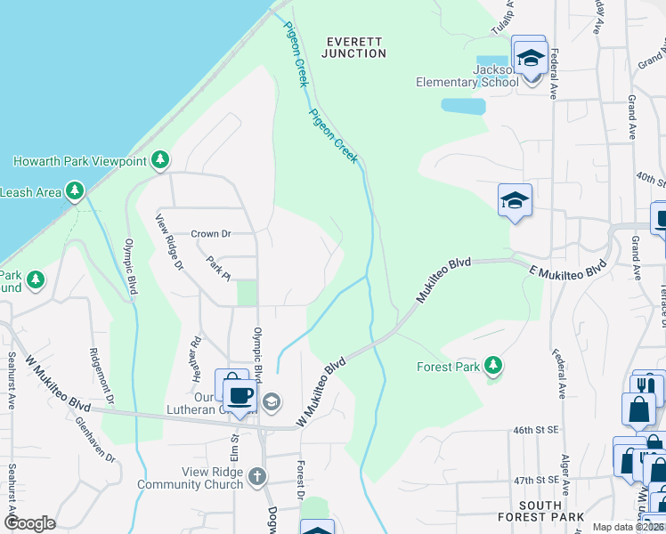 map of restaurants, bars, coffee shops, grocery stores, and more near 505 East View Ridge Drive in Everett