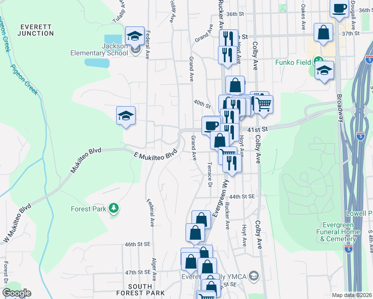 map of restaurants, bars, coffee shops, grocery stores, and more near 4118 Grand Avenue in Everett
