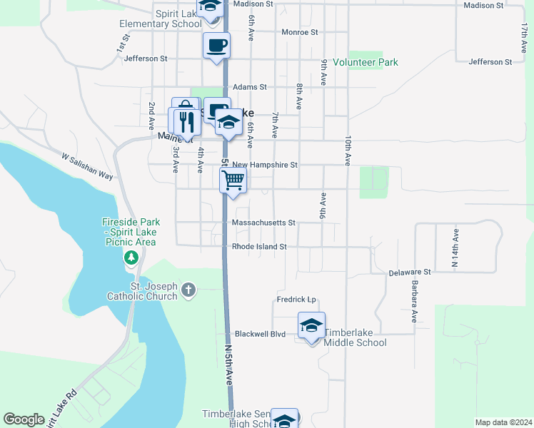 map of restaurants, bars, coffee shops, grocery stores, and more near 31946 North 6th Avenue in Spirit Lake