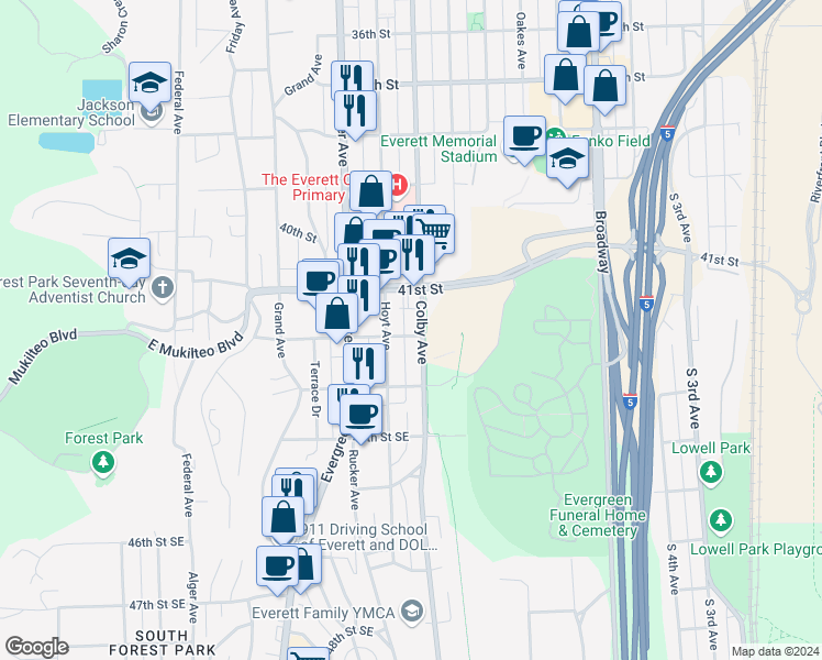 map of restaurants, bars, coffee shops, grocery stores, and more near 4132 Colby Avenue in Everett