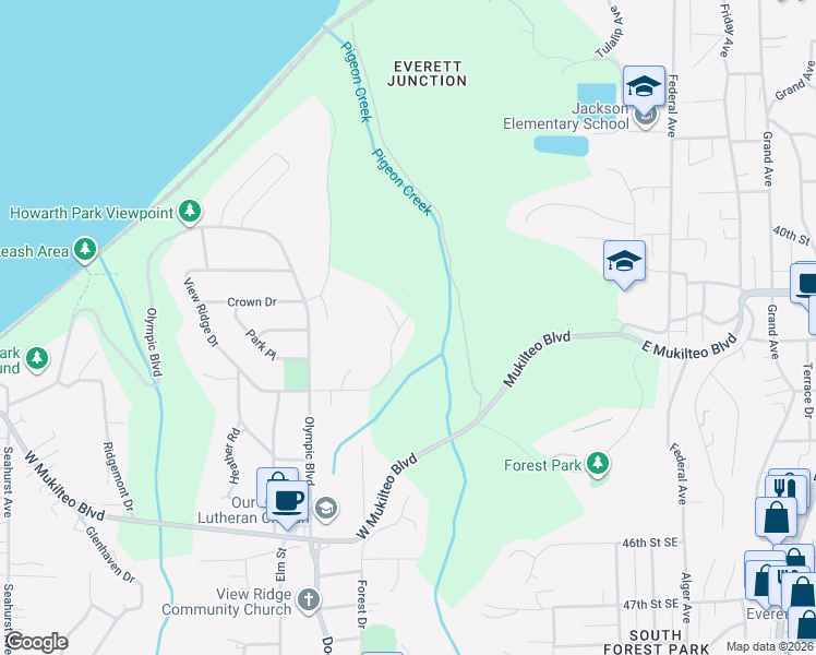 map of restaurants, bars, coffee shops, grocery stores, and more near 505 East View Ridge Drive in Everett
