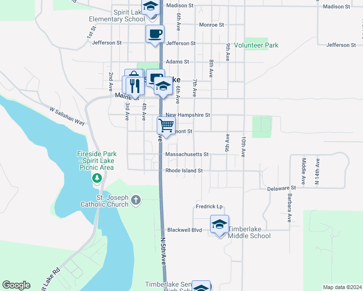 map of restaurants, bars, coffee shops, grocery stores, and more near 31946 North 6th Avenue in Spirit Lake