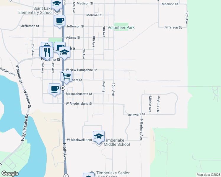 map of restaurants, bars, coffee shops, grocery stores, and more near 31945 10th Avenue in Spirit Lake