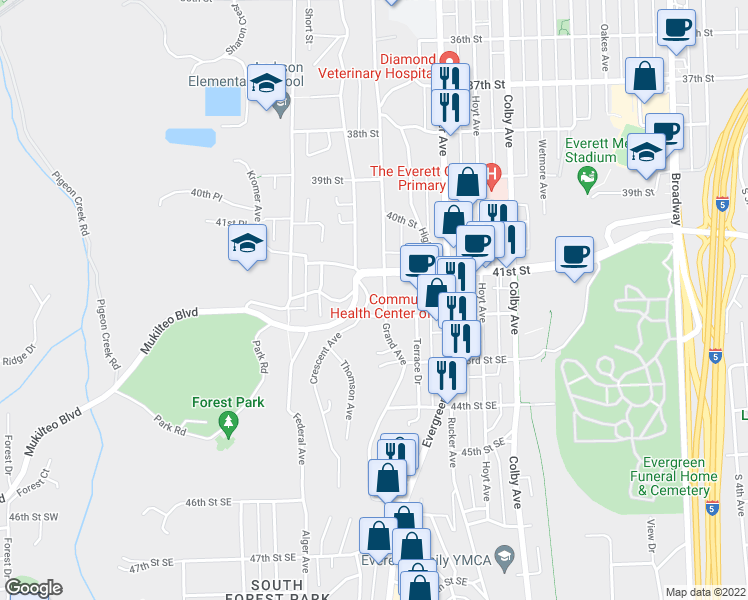 map of restaurants, bars, coffee shops, grocery stores, and more near 4118 Grand Avenue in Everett