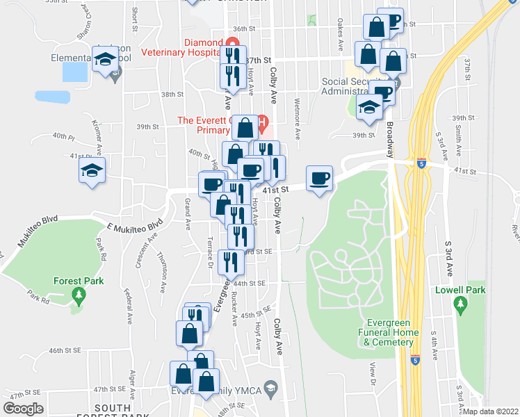 map of restaurants, bars, coffee shops, grocery stores, and more near 4123 Hoyt Avenue in Everett