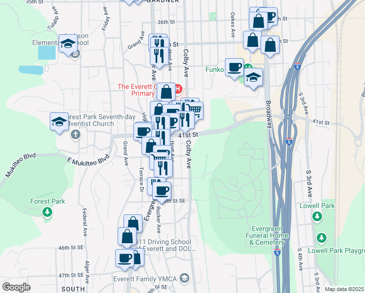map of restaurants, bars, coffee shops, grocery stores, and more near in Everett