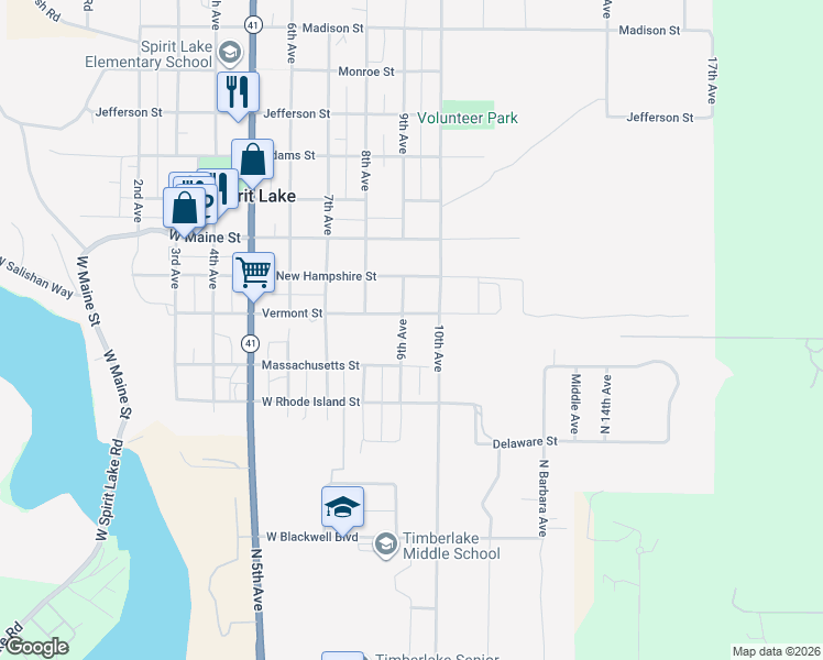 map of restaurants, bars, coffee shops, grocery stores, and more near 31945 10th Avenue in Spirit Lake