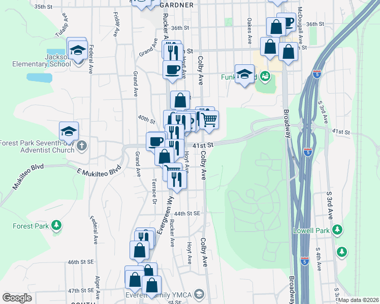 map of restaurants, bars, coffee shops, grocery stores, and more near 4122 Hoyt Avenue in Everett