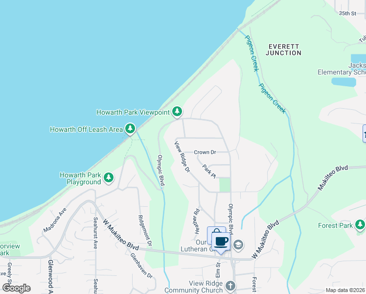 map of restaurants, bars, coffee shops, grocery stores, and more near 543 View Ridge Drive in Everett
