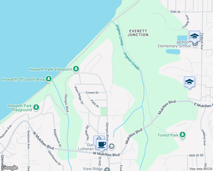 map of restaurants, bars, coffee shops, grocery stores, and more near 725 Olympic Boulevard in Everett
