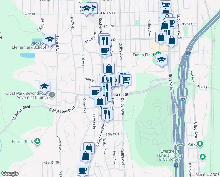 map of restaurants, bars, coffee shops, grocery stores, and more near 4016 Hoyt Avenue in Everett