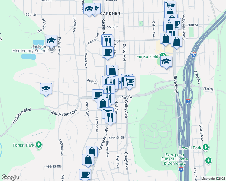 map of restaurants, bars, coffee shops, grocery stores, and more near 4016 Hoyt Avenue in Everett