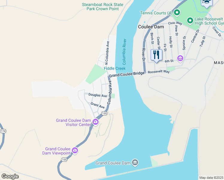 map of restaurants, bars, coffee shops, grocery stores, and more near 303 Washington 155 in Coulee Dam