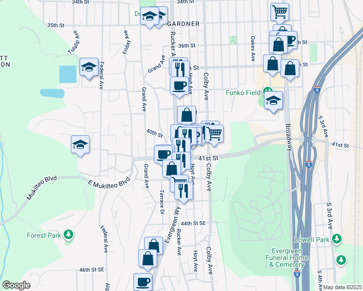 map of restaurants, bars, coffee shops, grocery stores, and more near 4012 Rucker Avenue in Everett