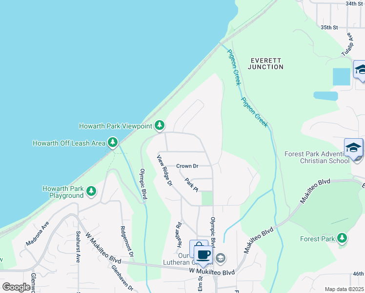 map of restaurants, bars, coffee shops, grocery stores, and more near 617 View Ridge Drive in Everett