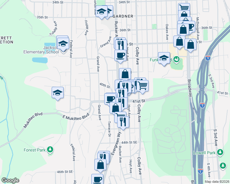 map of restaurants, bars, coffee shops, grocery stores, and more near 4012 Rucker Avenue in Everett