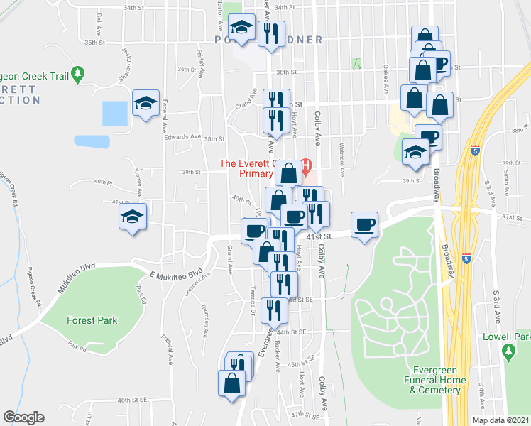 map of restaurants, bars, coffee shops, grocery stores, and more near 4012 Rucker Avenue in Everett