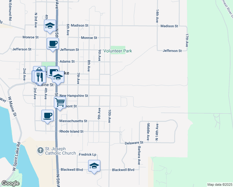 map of restaurants, bars, coffee shops, grocery stores, and more near 5525 New Hampshire Street in Spirit Lake