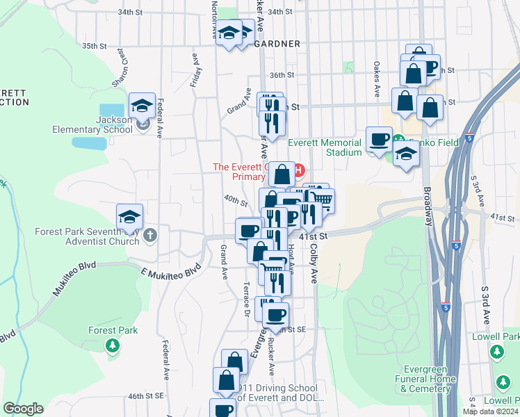 map of restaurants, bars, coffee shops, grocery stores, and more near 4004 Rucker Avenue in Everett