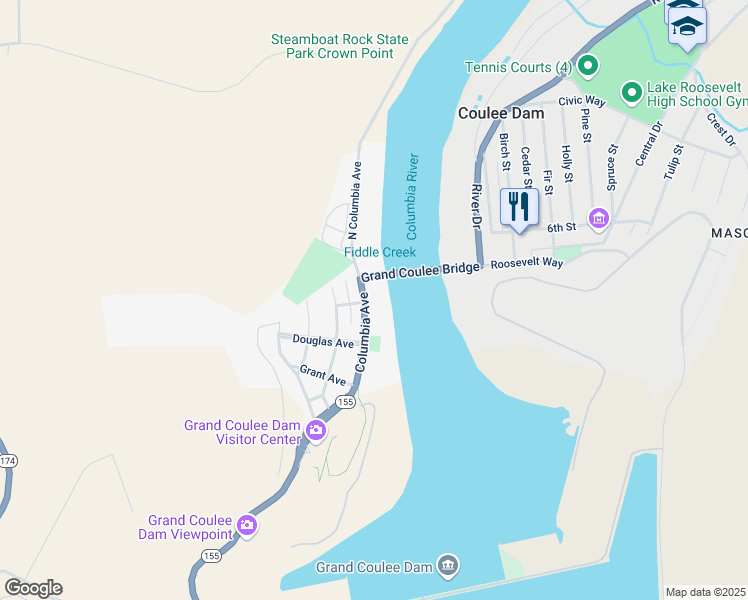 map of restaurants, bars, coffee shops, grocery stores, and more near 303 Washington 155 in Coulee Dam