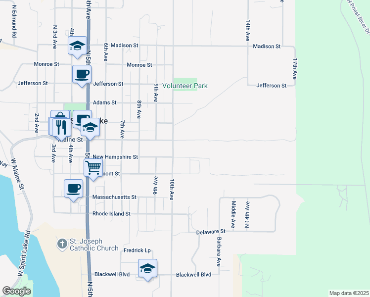 map of restaurants, bars, coffee shops, grocery stores, and more near 5525 New Hampshire Street in Spirit Lake