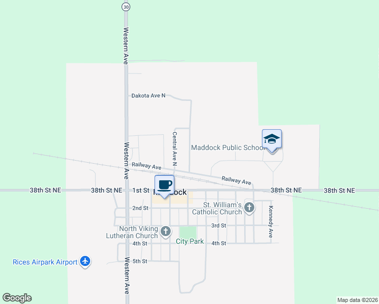 map of restaurants, bars, coffee shops, grocery stores, and more near 116 Dakota Avenue North in Maddock