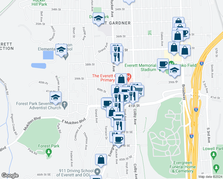 map of restaurants, bars, coffee shops, grocery stores, and more near 3928 Rucker Avenue in Everett