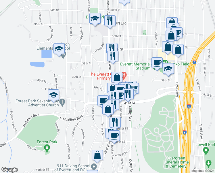 map of restaurants, bars, coffee shops, grocery stores, and more near 3906 Rucker Avenue in Everett