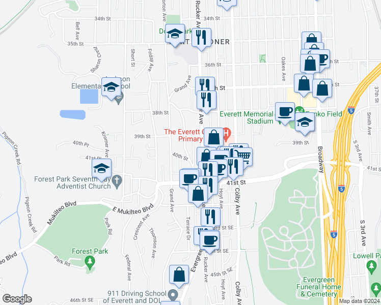 map of restaurants, bars, coffee shops, grocery stores, and more near 3929 High Street in Everett