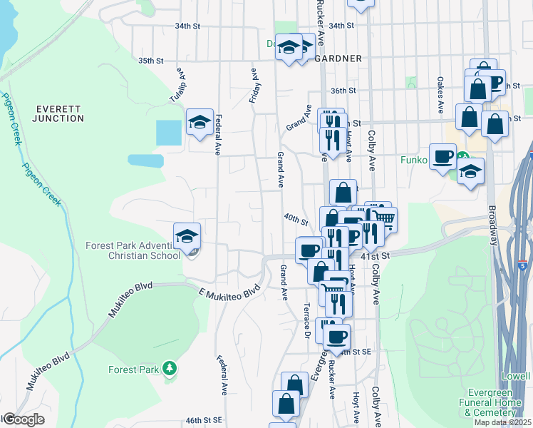 map of restaurants, bars, coffee shops, grocery stores, and more near 3927 Friday Avenue in Everett