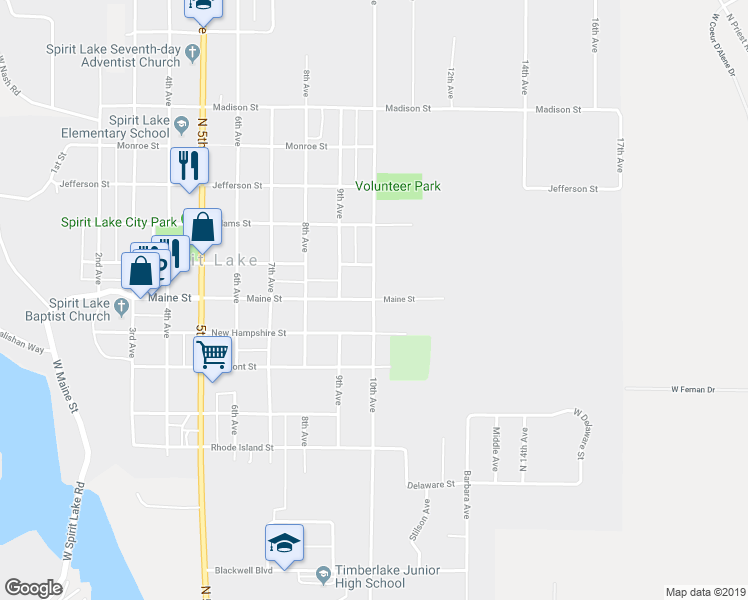 map of restaurants, bars, coffee shops, grocery stores, and more near Maine Street in Spirit Lake