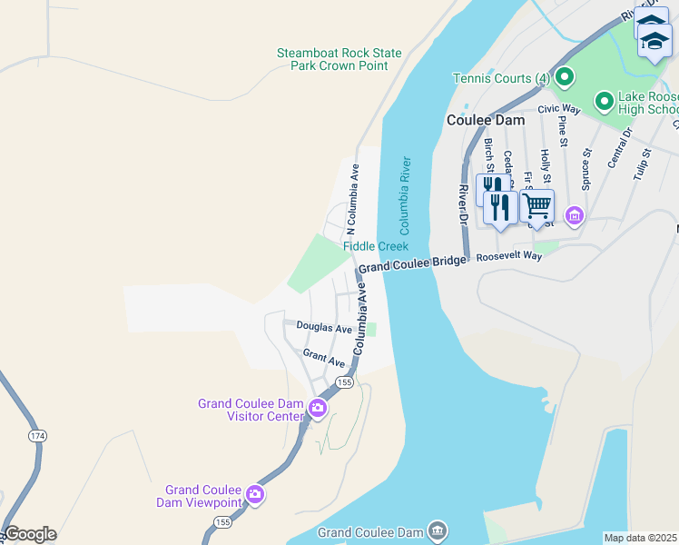 map of restaurants, bars, coffee shops, grocery stores, and more near in Coulee Dam