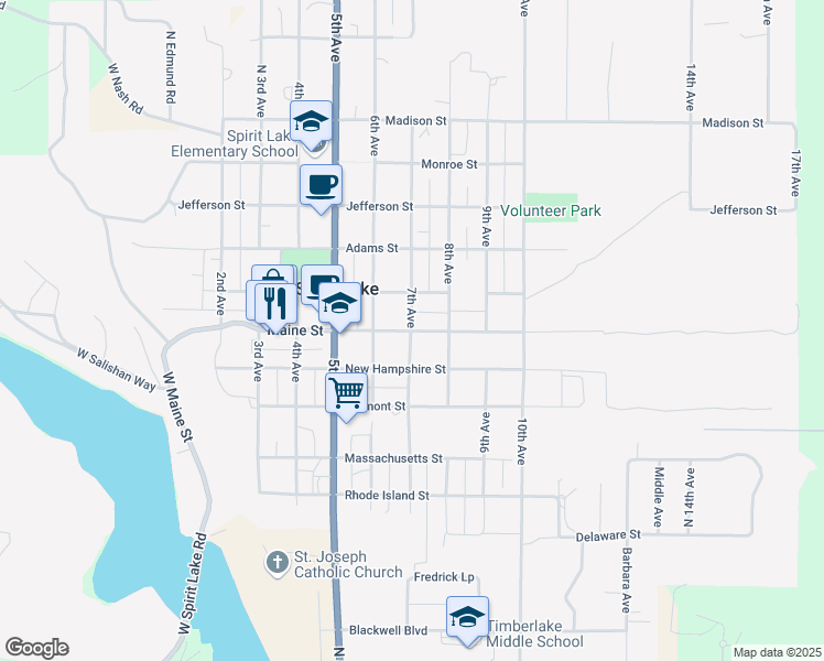 map of restaurants, bars, coffee shops, grocery stores, and more near Maine Street in Spirit Lake