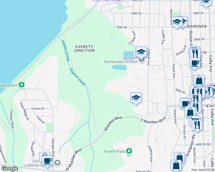 map of restaurants, bars, coffee shops, grocery stores, and more near 605 40th Place in Everett