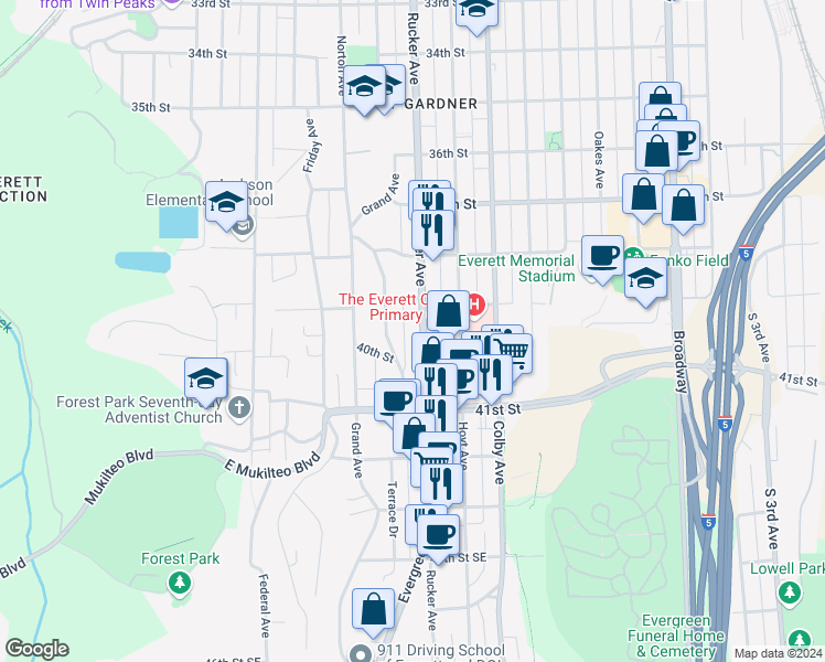 map of restaurants, bars, coffee shops, grocery stores, and more near 3906 Rucker Avenue in Everett