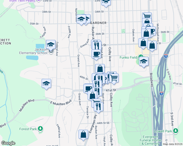 map of restaurants, bars, coffee shops, grocery stores, and more near 3906 Rucker Avenue in Everett