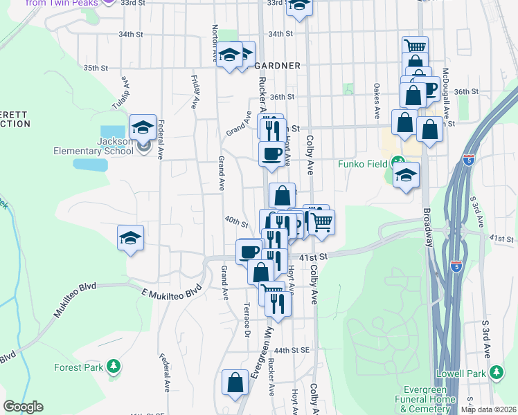 map of restaurants, bars, coffee shops, grocery stores, and more near 3906 Rucker Avenue in Everett