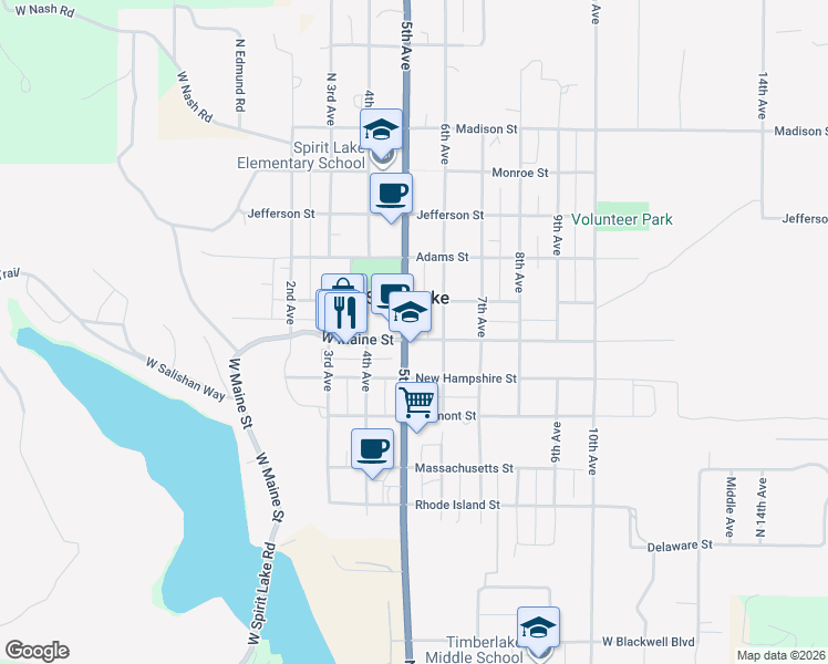 map of restaurants, bars, coffee shops, grocery stores, and more near 6087 West Maine Street in Spirit Lake