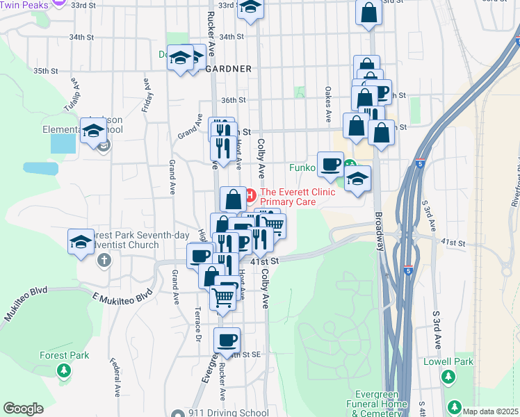 map of restaurants, bars, coffee shops, grocery stores, and more near 3912 Colby Avenue in Everett