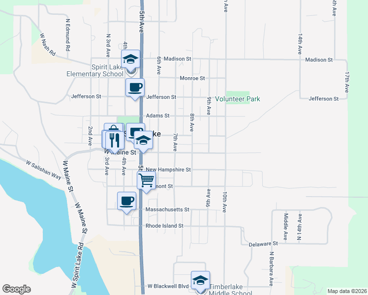 map of restaurants, bars, coffee shops, grocery stores, and more near 5819 Maine Street in Spirit Lake