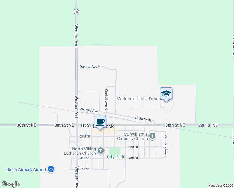 map of restaurants, bars, coffee shops, grocery stores, and more near 116 Dakota Avenue North in Maddock