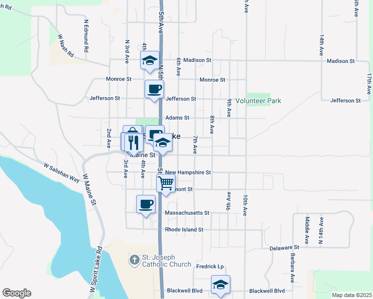 map of restaurants, bars, coffee shops, grocery stores, and more near 5937 Maine Street in Spirit Lake